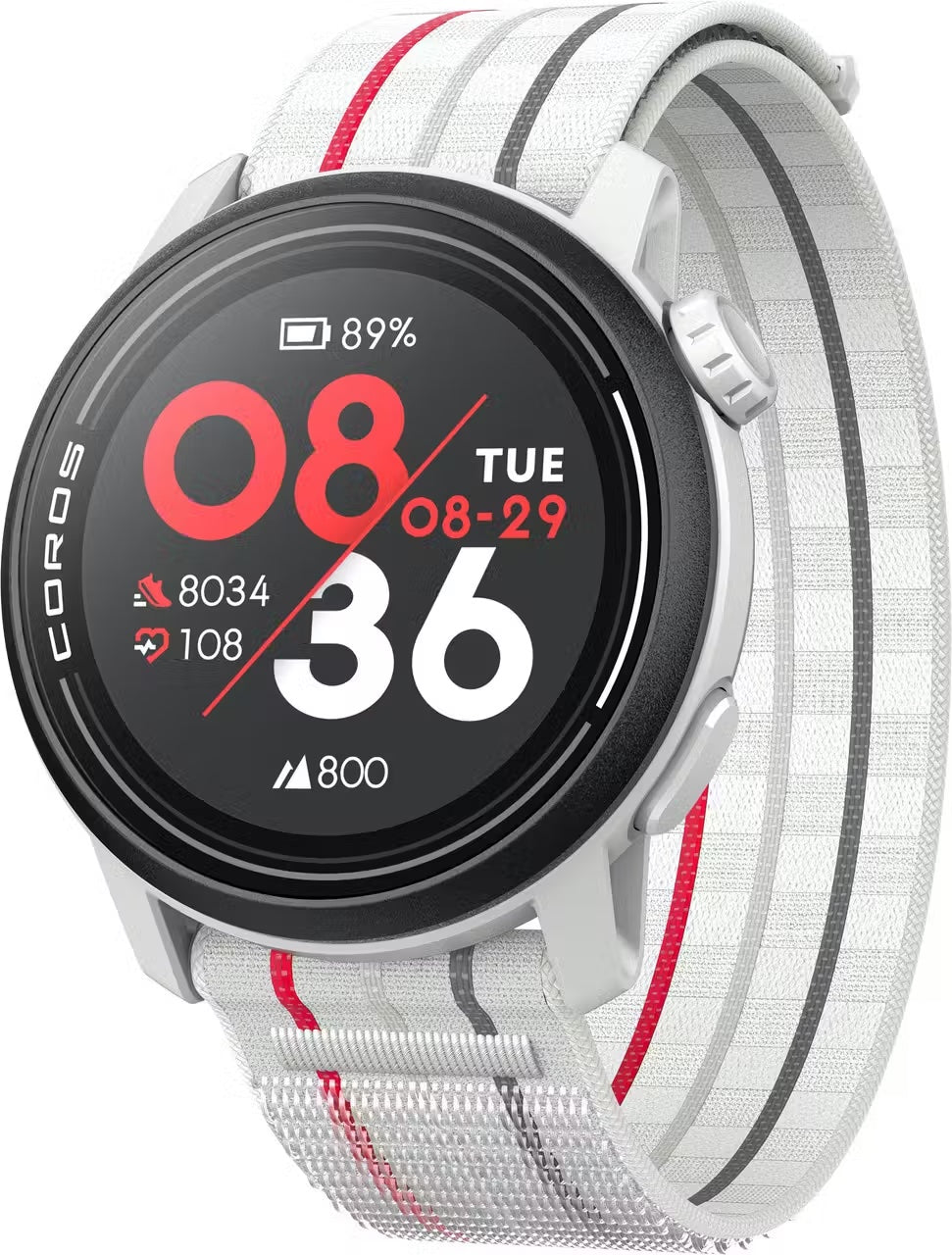 PACE 3 GPS Sport Watch by Coros in white with red and grey stripes, lightweight GPS watch for running and training tracking
