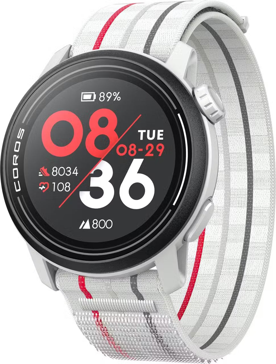 PACE 3 GPS Sport Watch by Coros in white with red and grey stripes, lightweight GPS watch for running and training tracking