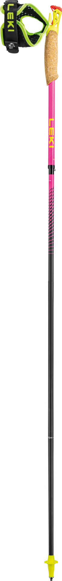 Ultratrail FX ONE Superlite by Leki in pink and yellow, lightweight carbon pole with slim shaft for long high runs and competitions