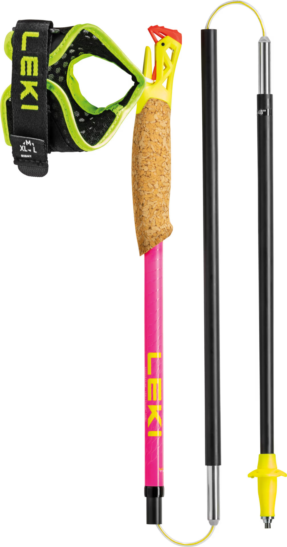 Ultratrail FX ONE Superlite by Leki in pink and yellow, ultralight carbon poles with cork grip for long high runs and competitions
