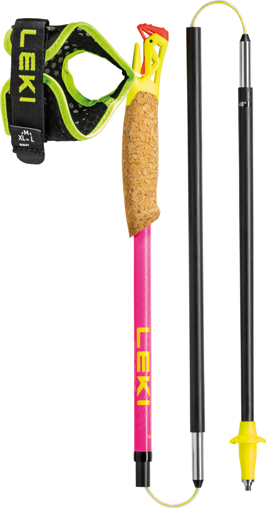 Ultratrail FX ONE by Leki in pink and black with Trail Shark grip-strap system, cork handle, foldable trail running poles for races