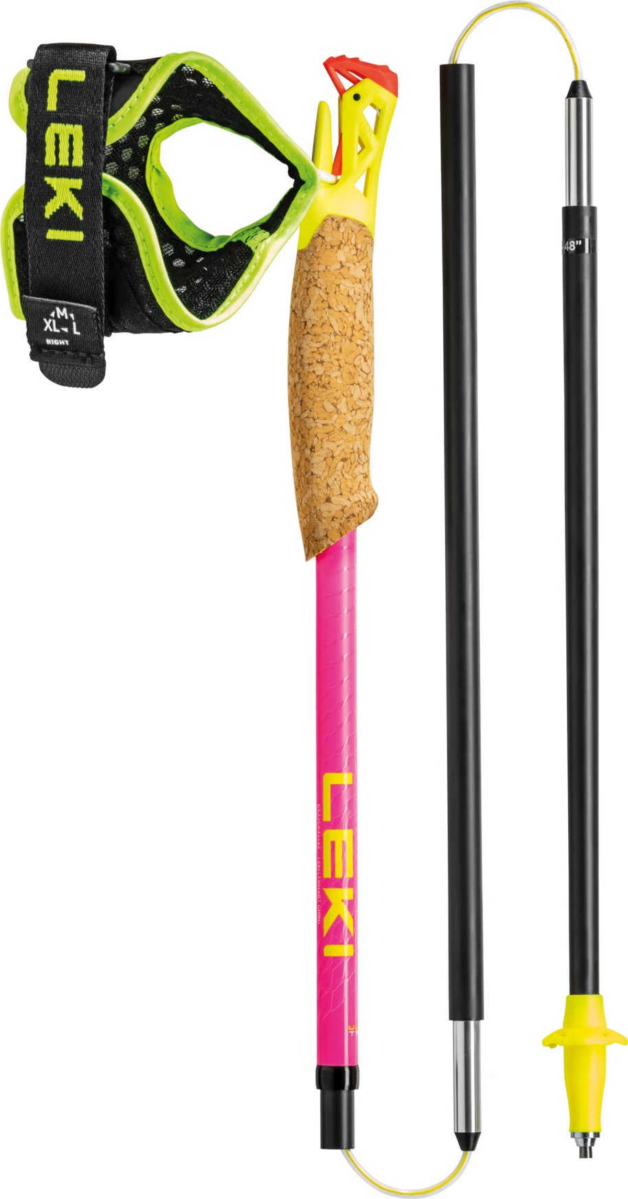 Ultratrail FX ONE by Leki in pink and black with Trail Shark grip-strap system, cork handle, foldable trail running poles for races