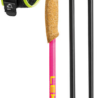 Ultratrail FX ONE Superlite by Leki in pink and yellow, ultralight carbon poles with cork grip for long high runs and competitions