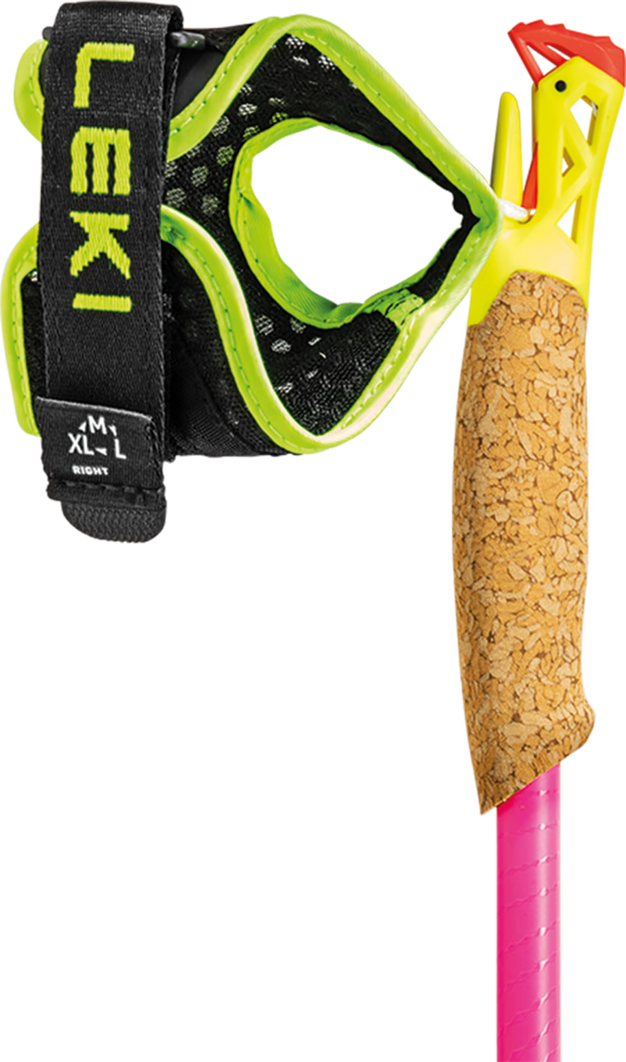 Ultratrail FX ONE by Leki in pink and yellow with cork grip and Trail Shark grip-strap system for trail running poles
