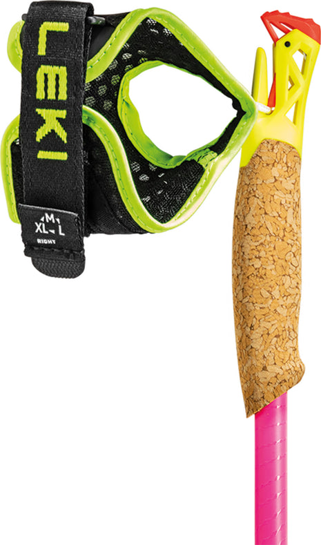 Ultratrail FX ONE Superlite by Leki in yellow and pink with cork grip and lightweight shaft for long high runs and competitions