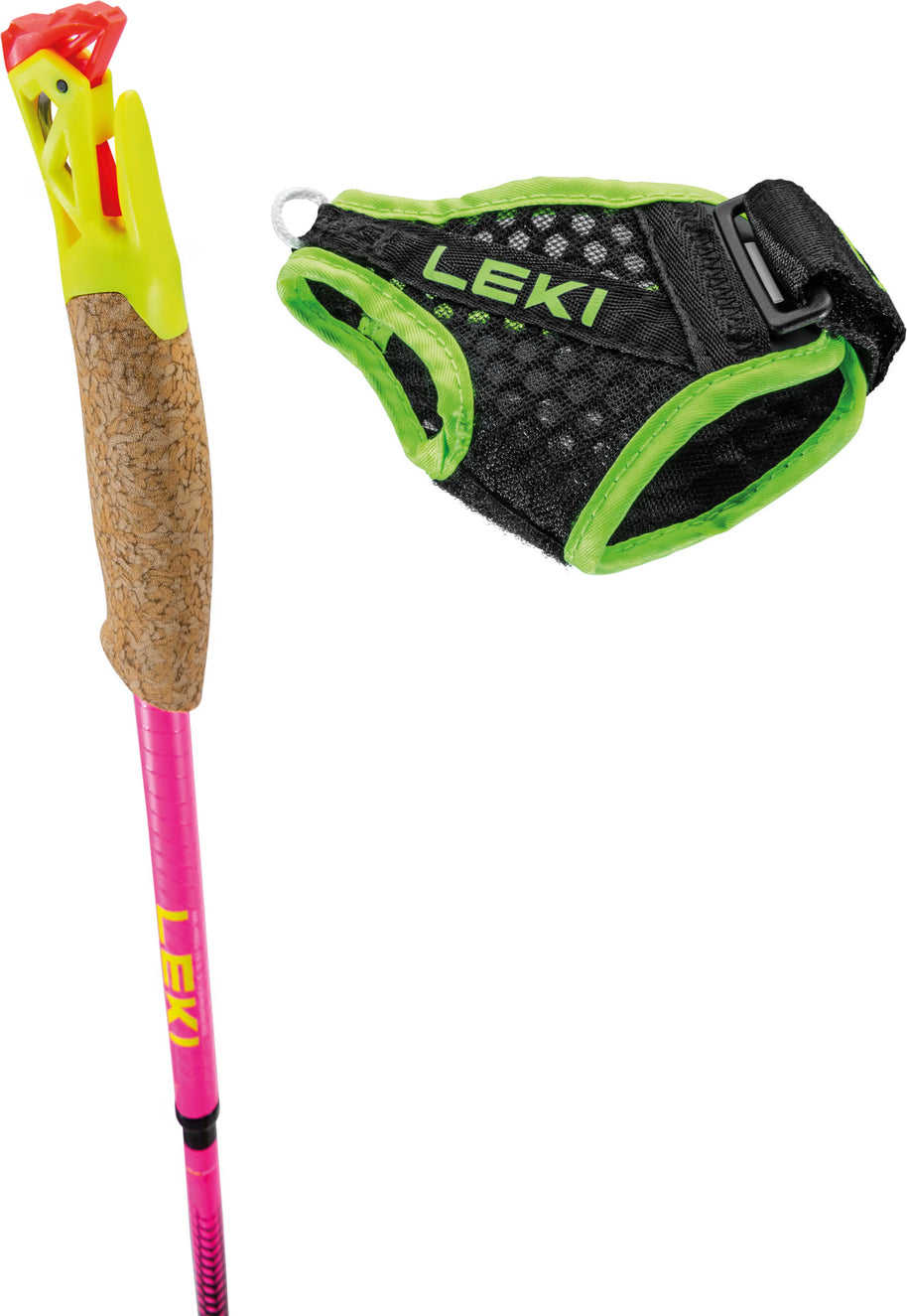 Ultratrail FX ONE Superlite by Leki in neon pink and black with green accents, lightweight poles designed for long high running and competitions