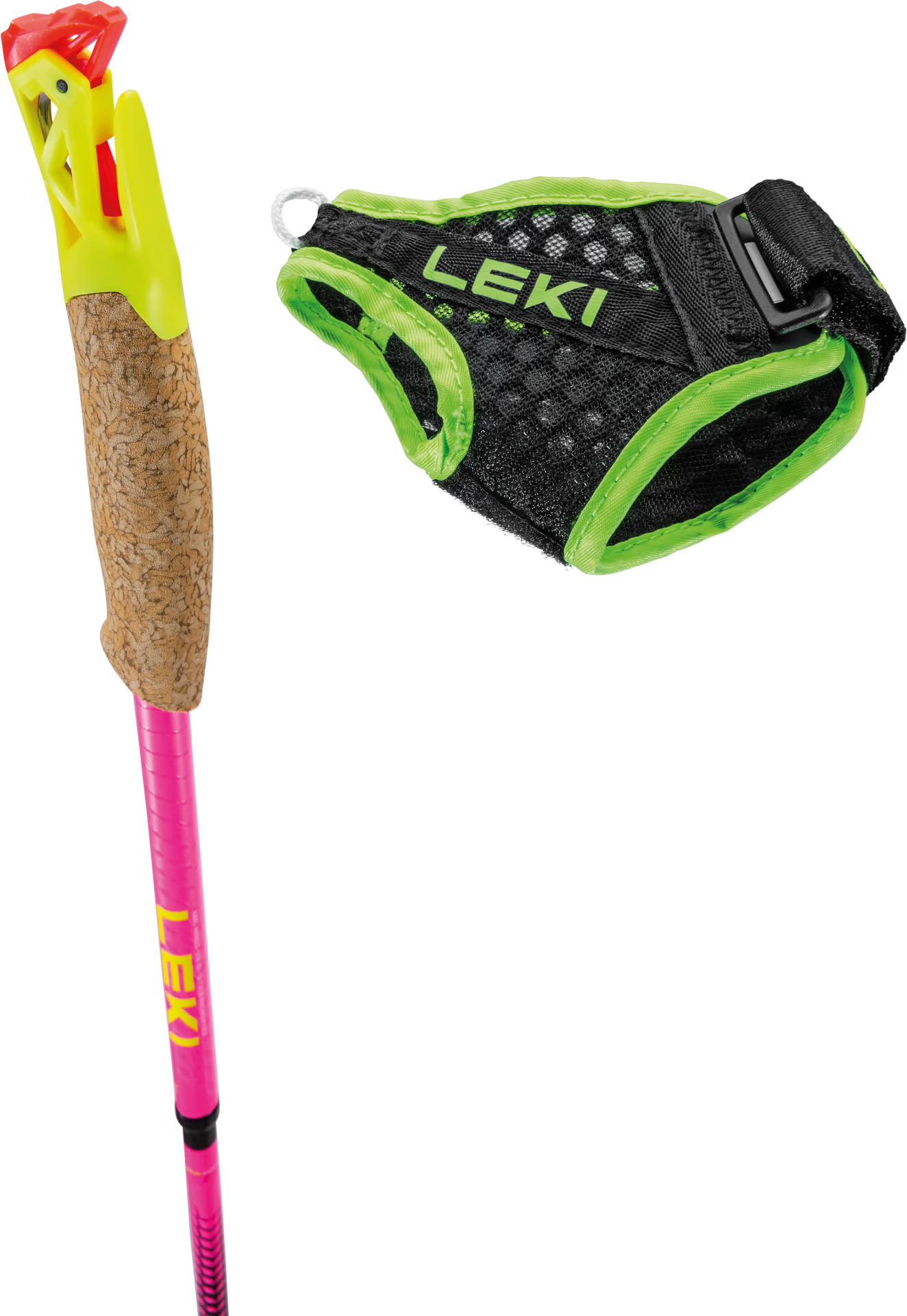 Ultratrail FX ONE by Leki in pink and yellow with black and green grip-strap designed for trail running races and outdoor use