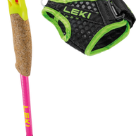 Ultratrail FX ONE by Leki in pink and yellow with black and green grip-strap designed for trail running races and outdoor use