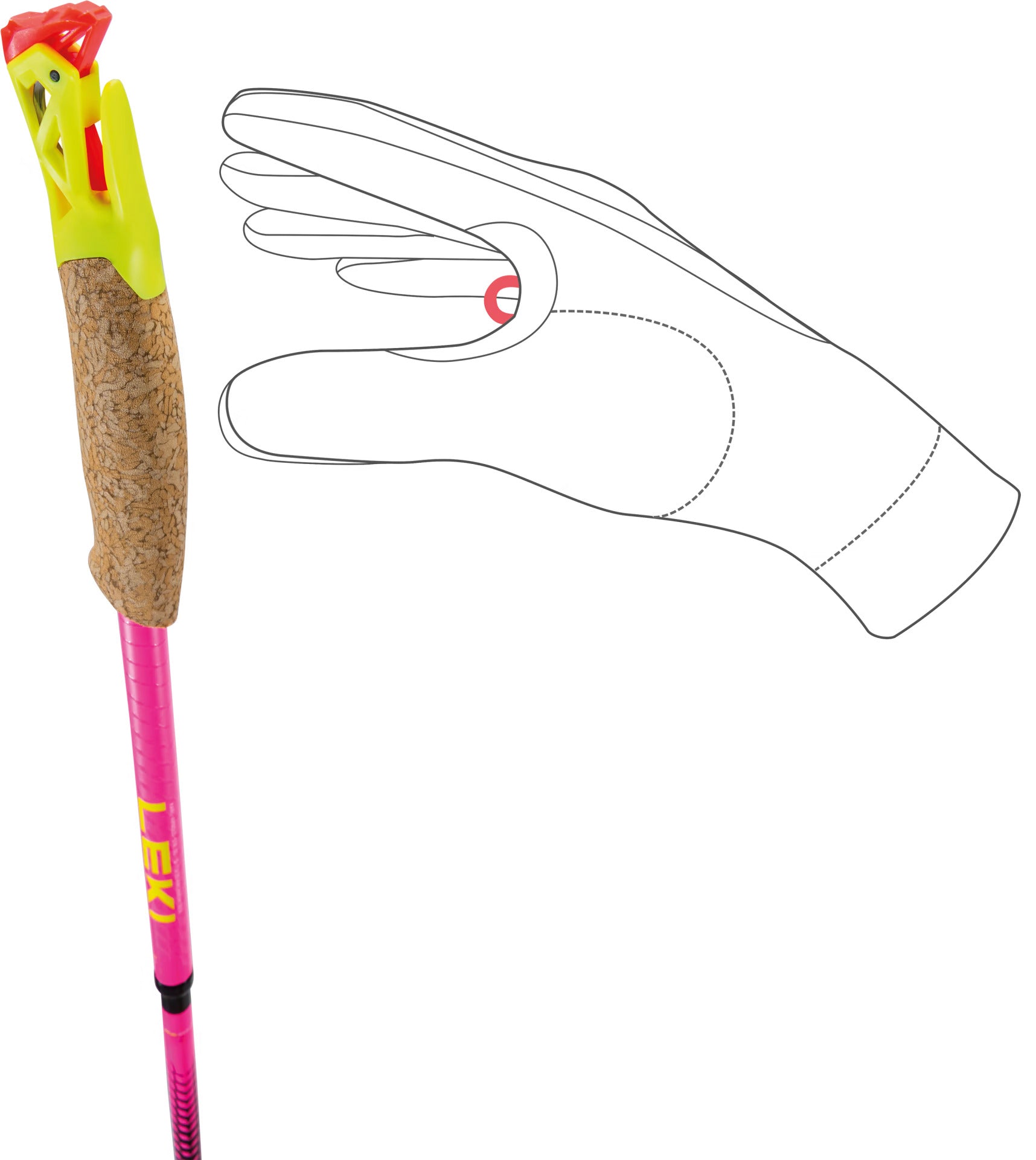 Ultratrail FX ONE Superlite by Leki in pink and yellow, ultra-lightweight pole with slim shaft designed for long high runs and competitions