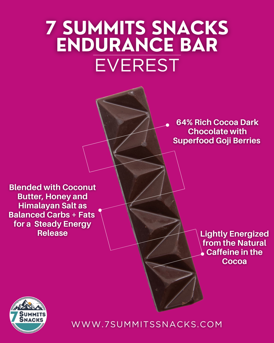 Everest Dark Chocolate Endurance Bar (30g) by 7 Summit Snacks in dark brown with 64% Peruvian chocolate, honey, electrolytes for endurance fuel