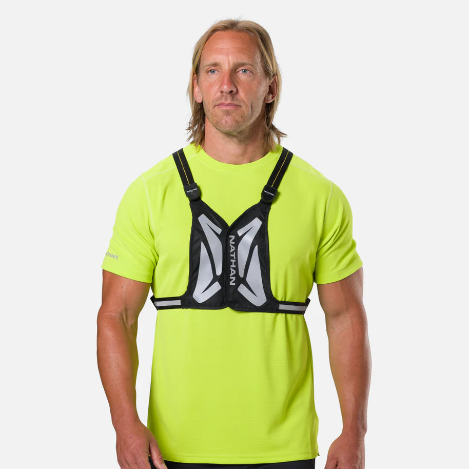 Laser Light Web Vest by Nathan in black with LED thread and reflective web, lightweight vest for safe running in low light conditions