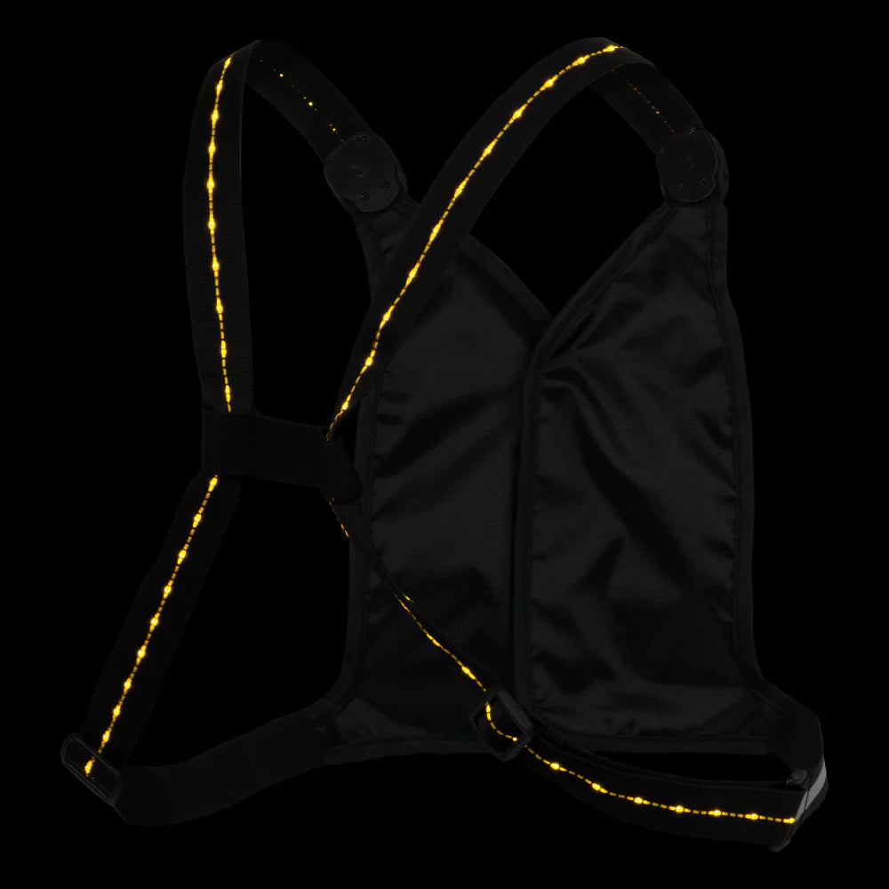 Laser Light Web Vest by Nathan in black with LED thread and reflective web for lightweight, safe visibility during running and low-light use