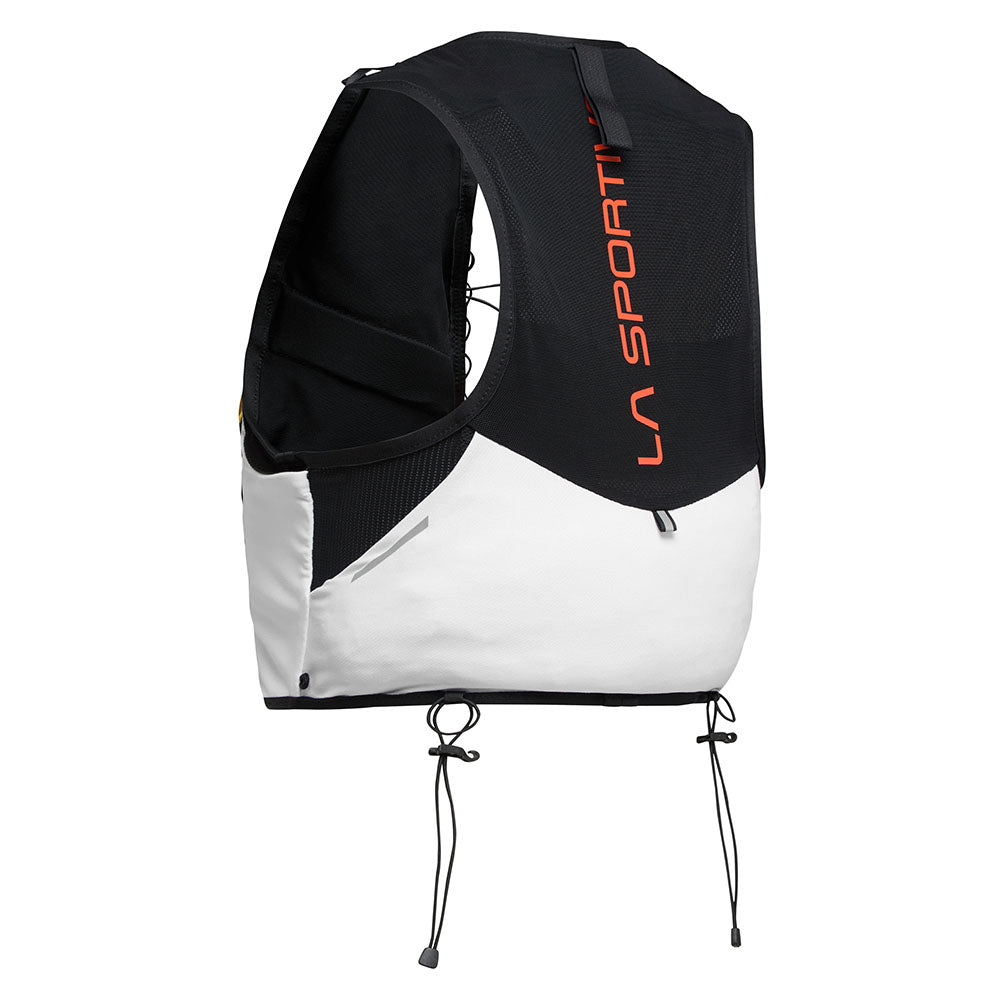 Trail Vest 5L by La Sportiva in black and white, lightweight trail running vest with multiple pockets and 2 soft flasks for race day and training