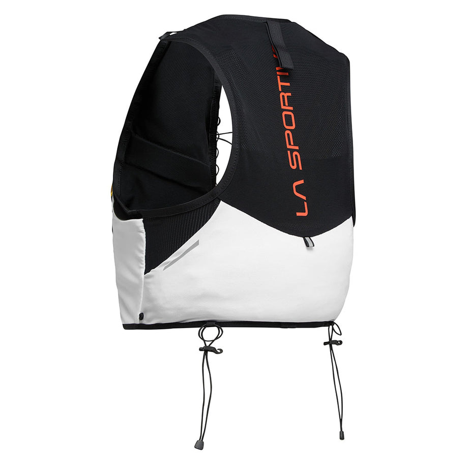 Trail Vest 5L by La Sportiva in black and white, lightweight trail running vest with multiple pockets and 2 soft flasks for race day and training
