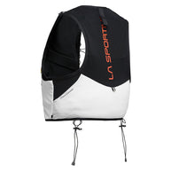 Trail Vest 5L by La Sportiva in black and white, lightweight trail running vest with multiple pockets and 2 soft flasks for race day and training