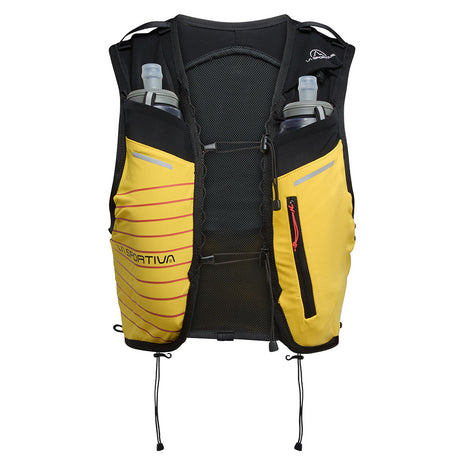 Trail Vest 5L by La Sportiva in yellow and black with multiple pockets and 2 soft flasks, lightweight for trail running and races