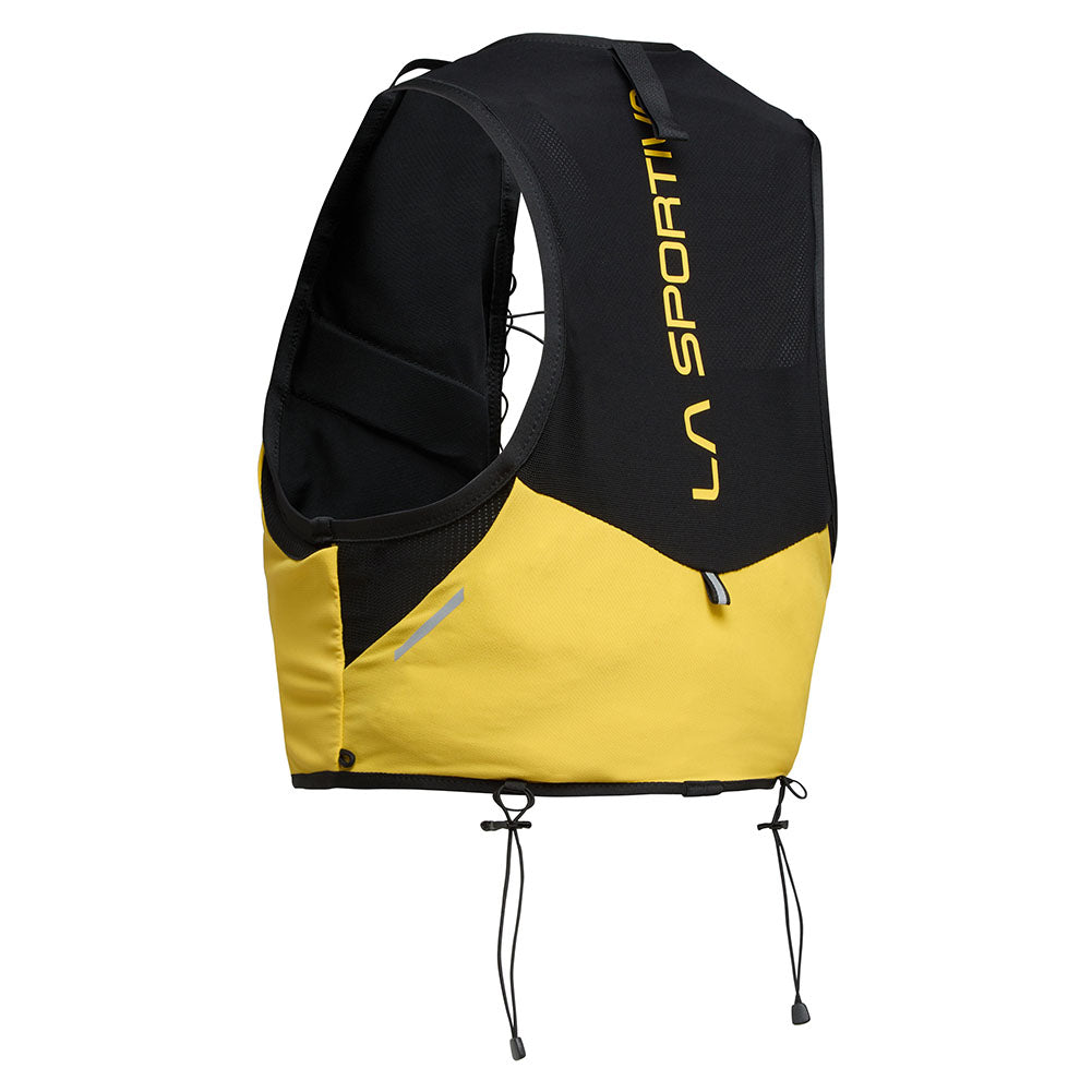 Trail Vest 5L by La Sportiva in yellow and black, lightweight trail running vest with multiple pockets and 2 soft flasks for race days