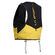 Trail Vest 5L by La Sportiva in yellow and black, lightweight trail running vest with multiple pockets and 2 soft flasks for race days
