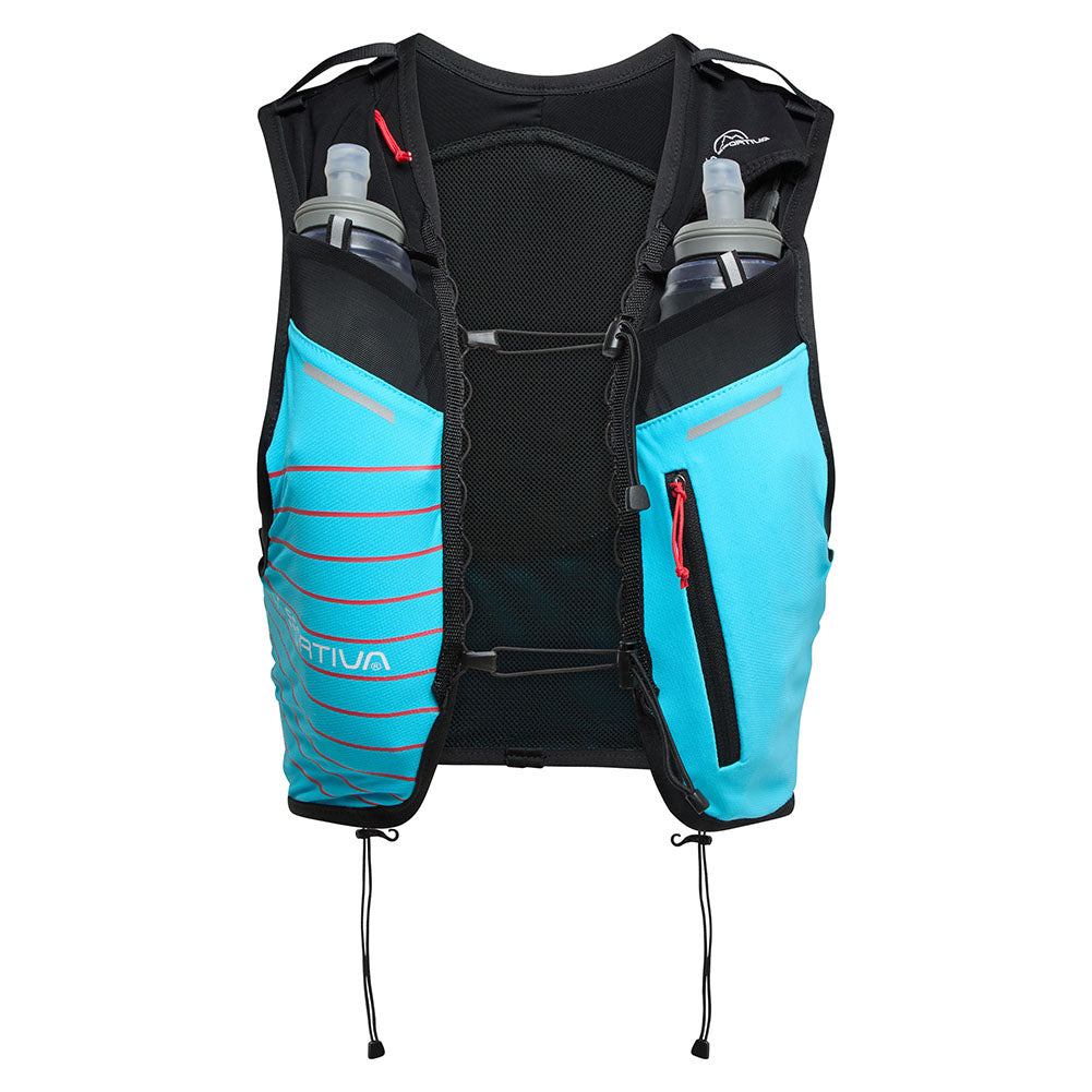 Trail Vest 5L by La Sportiva in black and blue, lightweight running vest with multiple pockets and 2 soft flasks for trail race days