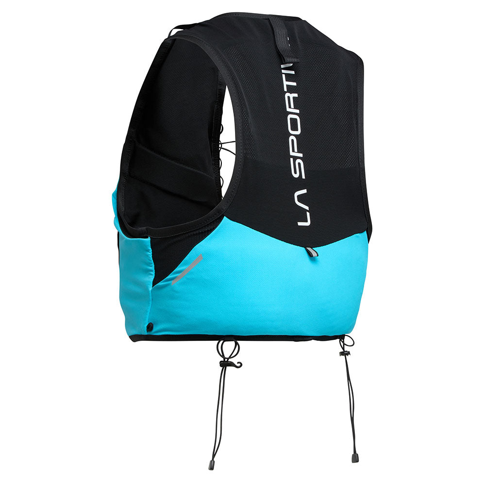 Trail Vest 5L by La Sportiva in black and blue lightweight trail running vest with multiple pockets and 2 soft flasks for racing and training