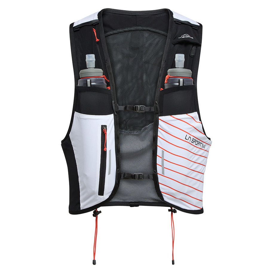 Ultra Trail Vest 10L by La Sportiva in white and black with red accents, adjustable closure, stretch front pocket for trail running storage