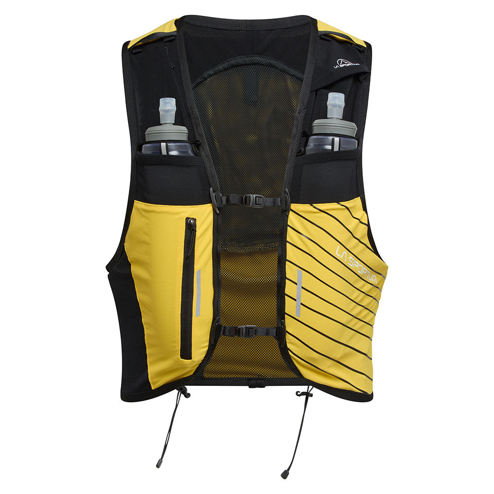 Ultra Trail Vest 10L by La Sportiva in yellow and black, adjustable closure, multiple storage pockets, quick-access front pocket for trail running