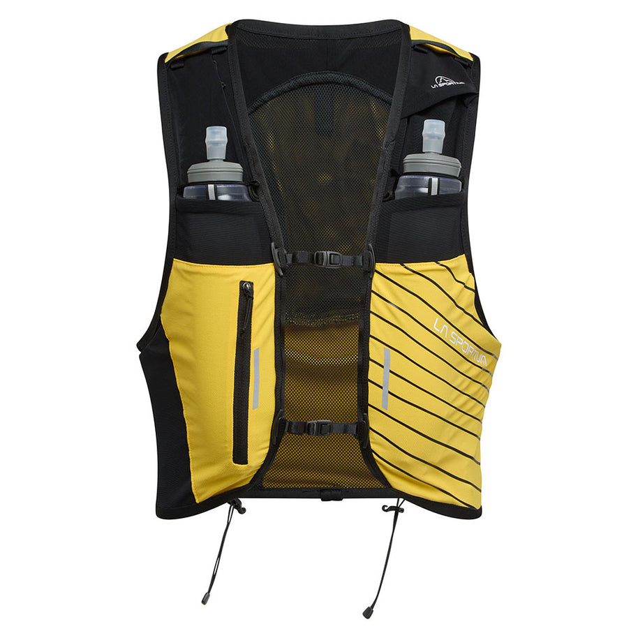 Ultra Trail Vest 10L by La Sportiva in yellow and black, adjustable closure, multiple storage pockets, quick-access front pocket for trail running