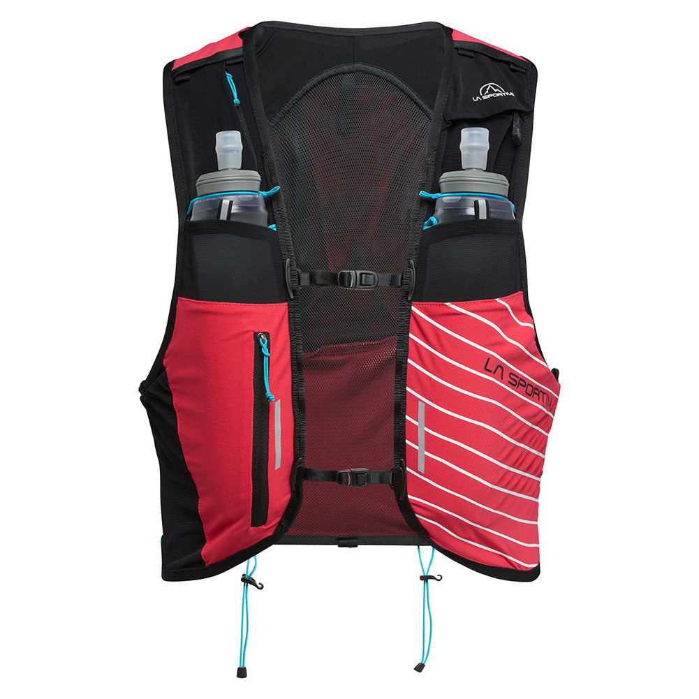 Ultra Trail Vest 10L by La Sportiva in red and black with multiple pockets, adjustable closure, and quick-access stretch front pocket for trail running
