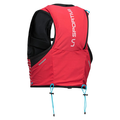 Ultra Trail Vest 10L by La Sportiva in red and black with multiple pockets and adjustable closure for long trail running comfort