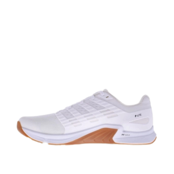 F-Lite Wide - Women by Inov8 in white and tan, flexible versatile cross training shoe for running lifting jumping and climbing