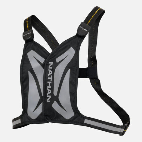 Laser Light Web Vest by Nathan in black and grey with reflective panels and LED thread, lightweight for running safety in low light
