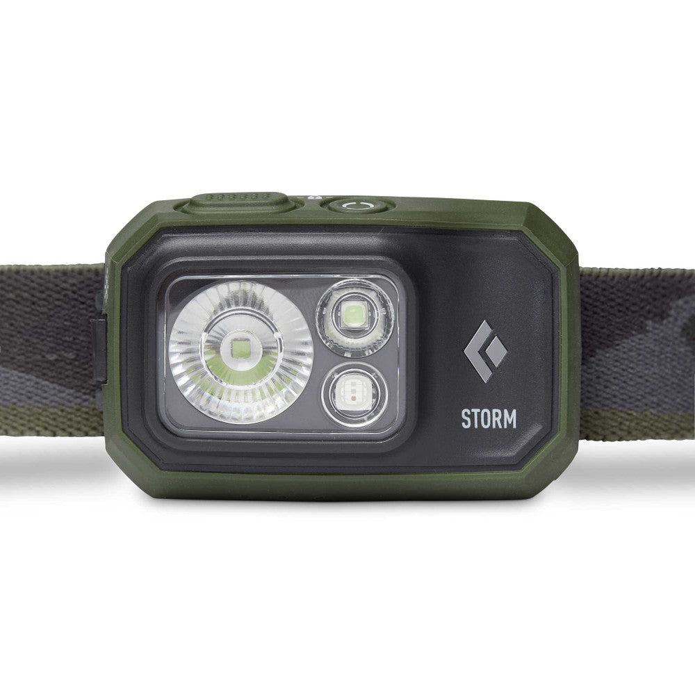 Storm 450 Headlamp by Black Diamond in olive green and black, waterproof dual-fuel headlamp with 450 lumens for outdoor adventures