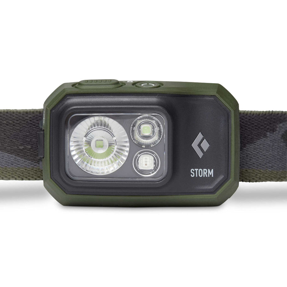 Storm 450 Headlamp by Black Diamond in olive green and black, waterproof dual-fuel headlamp with 450 lumens for outdoor adventures