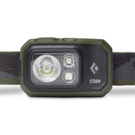 Storm 450 Headlamp by Black Diamond in olive green and black, waterproof dual-fuel headlamp with 450 lumens for outdoor adventures