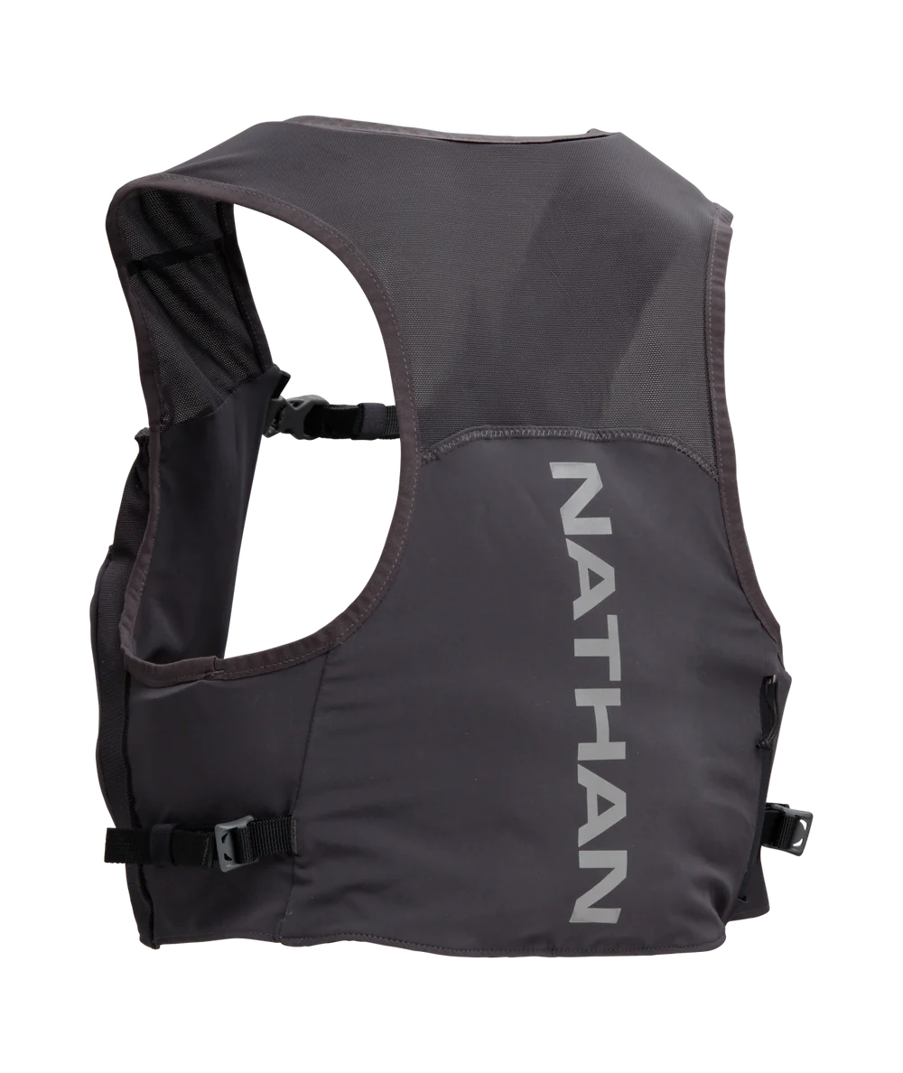 Pinnacle Run Lite Vest by Nathan in black and grey, ultra-light breathable hydration vest for road and trail running training