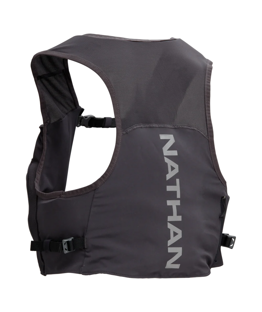 Pinnacle Run Lite Vest by Nathan in black and grey, ultra-light breathable hydration vest for road and trail running training