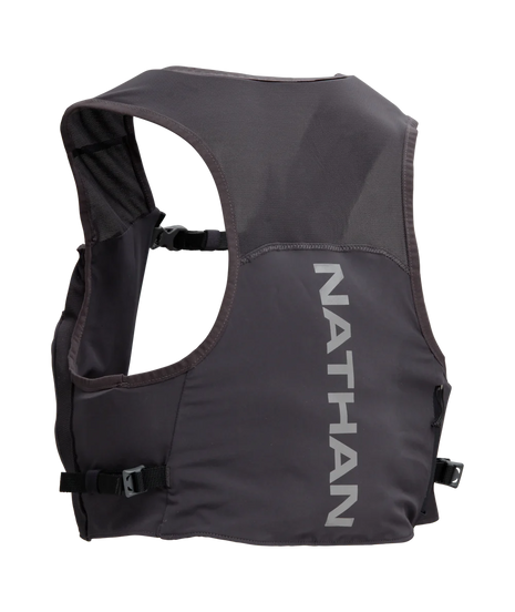 Pinnacle Run Lite Vest by Nathan in black and grey, ultra-light breathable hydration vest for road and trail running training