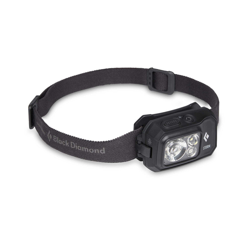 Storm 450 Headlamp by Black Diamond in black, waterproof, dual-fuel, high-lumen headlamp for outdoor running and adventure