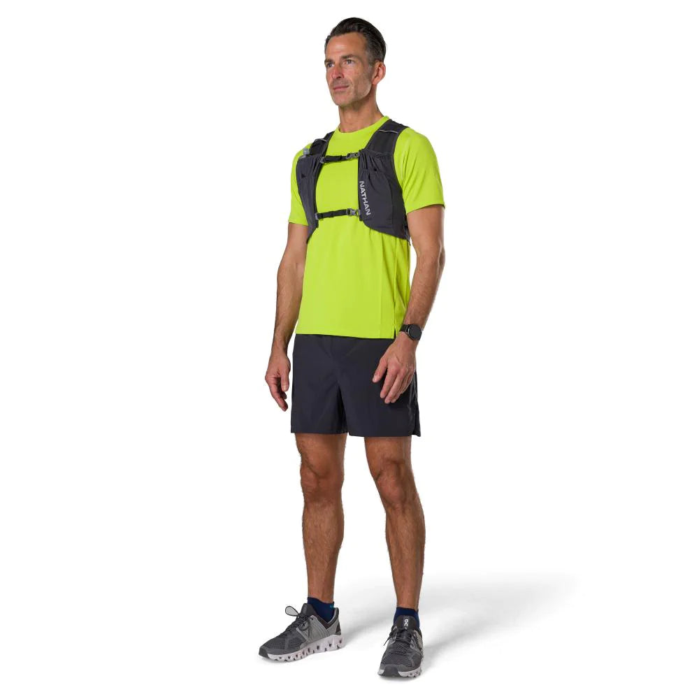 Pinnacle Run Lite Vest by Nathan in black, ultra-lightweight breathable hydration vest for road and trail running training