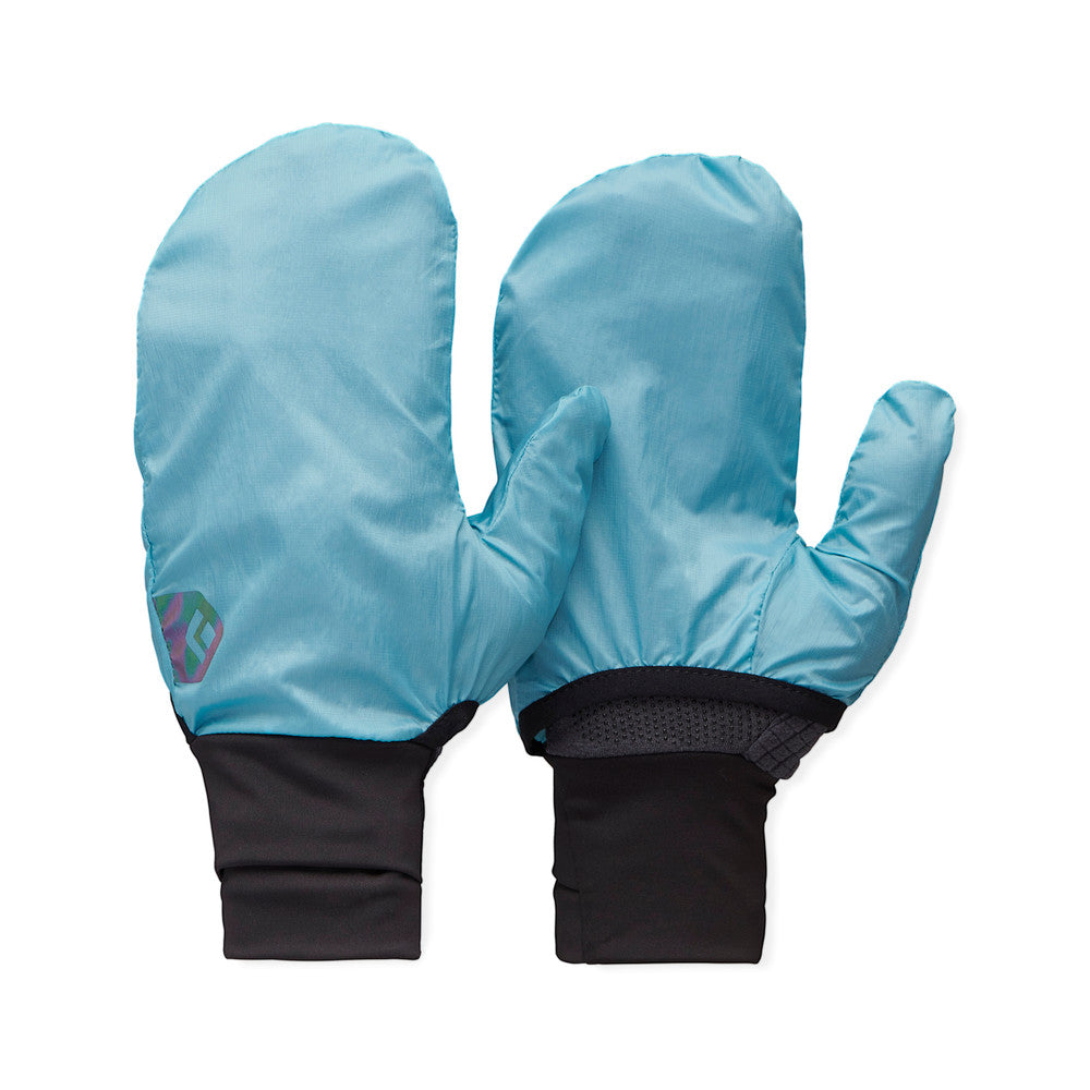 Deploy Wind Hood Gloves by Black Diamond in light blue with black cuffs, featuring stowable wind hood for year-round training and cold weather use