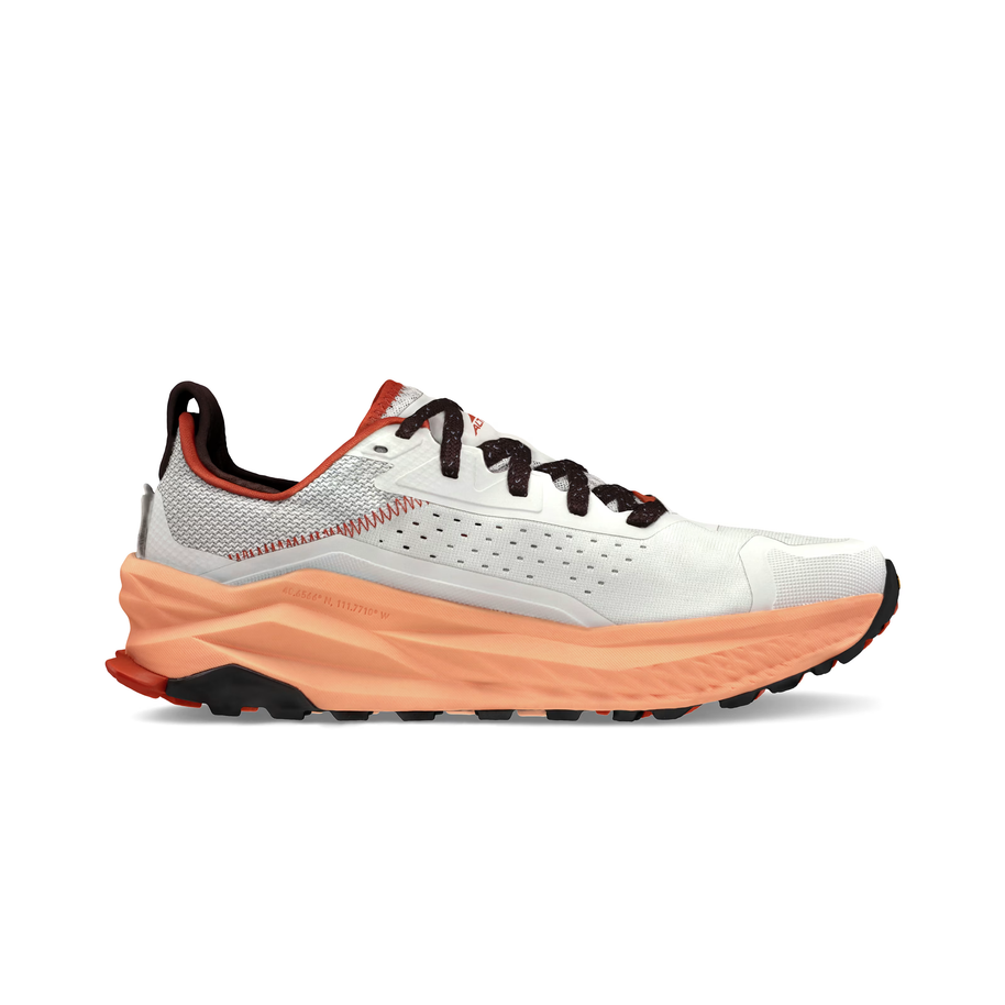 Olympus 6 - Men by Altra Footwear in white and orange, cushioned trail shoe with roomy toe box and durable grip for all-day comfort and trail running