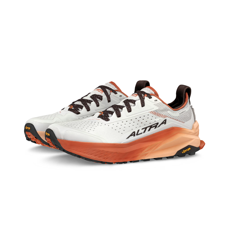 Olympus 6 - Men by Altra Footwear in white and orange with plush cushioning, durable grip, and roomy toe box for all-day trail running