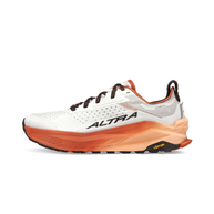 Olympus 6 - Men by Altra Footwear in white and orange trail shoe with max cushioning, roomy toe box, durable grip, designed for all-day trail running