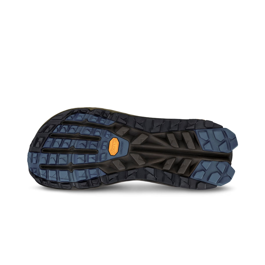 Olympus 6 - Men by Altra Footwear in black and blue with durable Vibram sole, cushioned trail running shoe for all-day comfort and grip