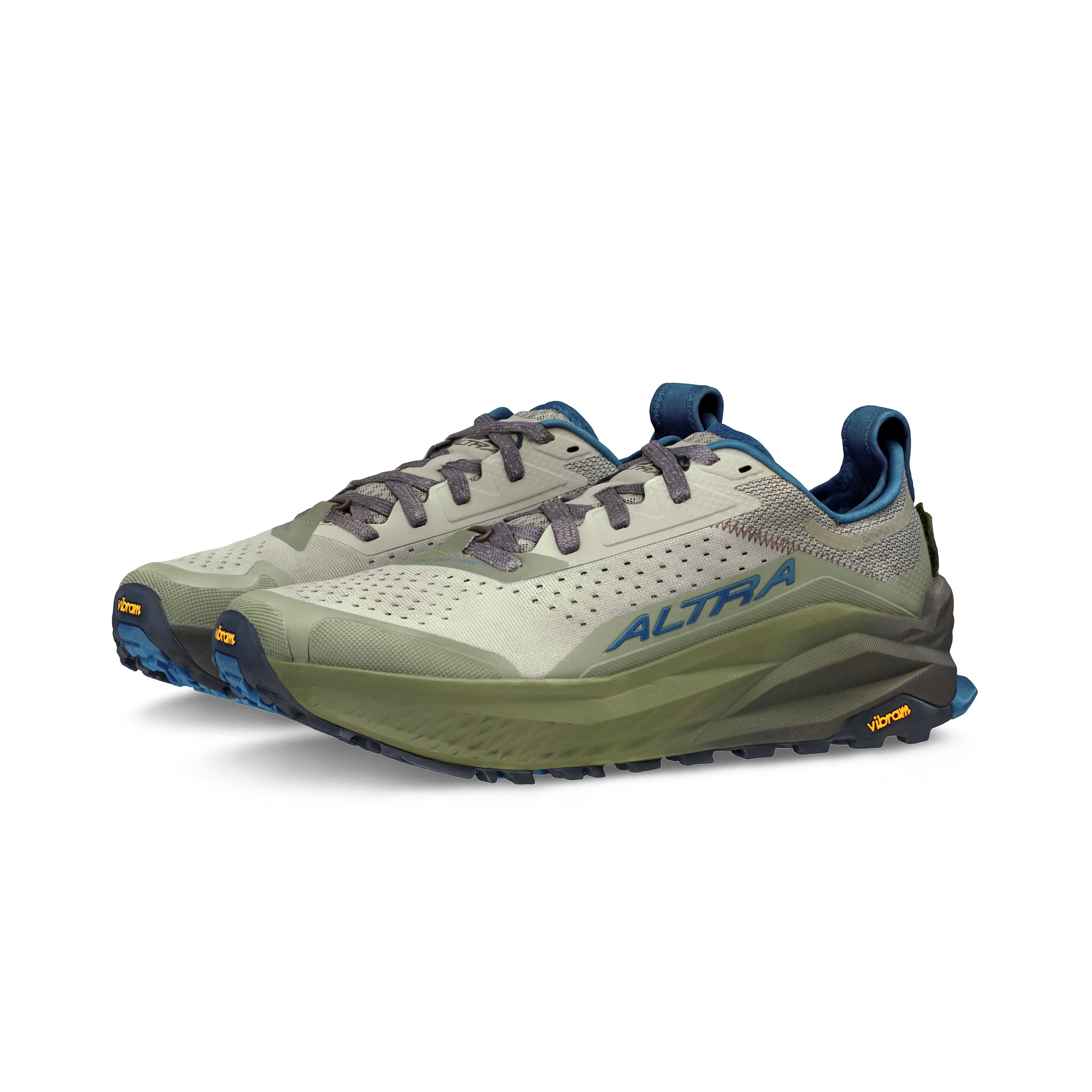 Olympus 6 - Men by Altra Footwear in sage green and blue, cushioned trail running shoes with durable sole and roomy toe box for all-day comfort