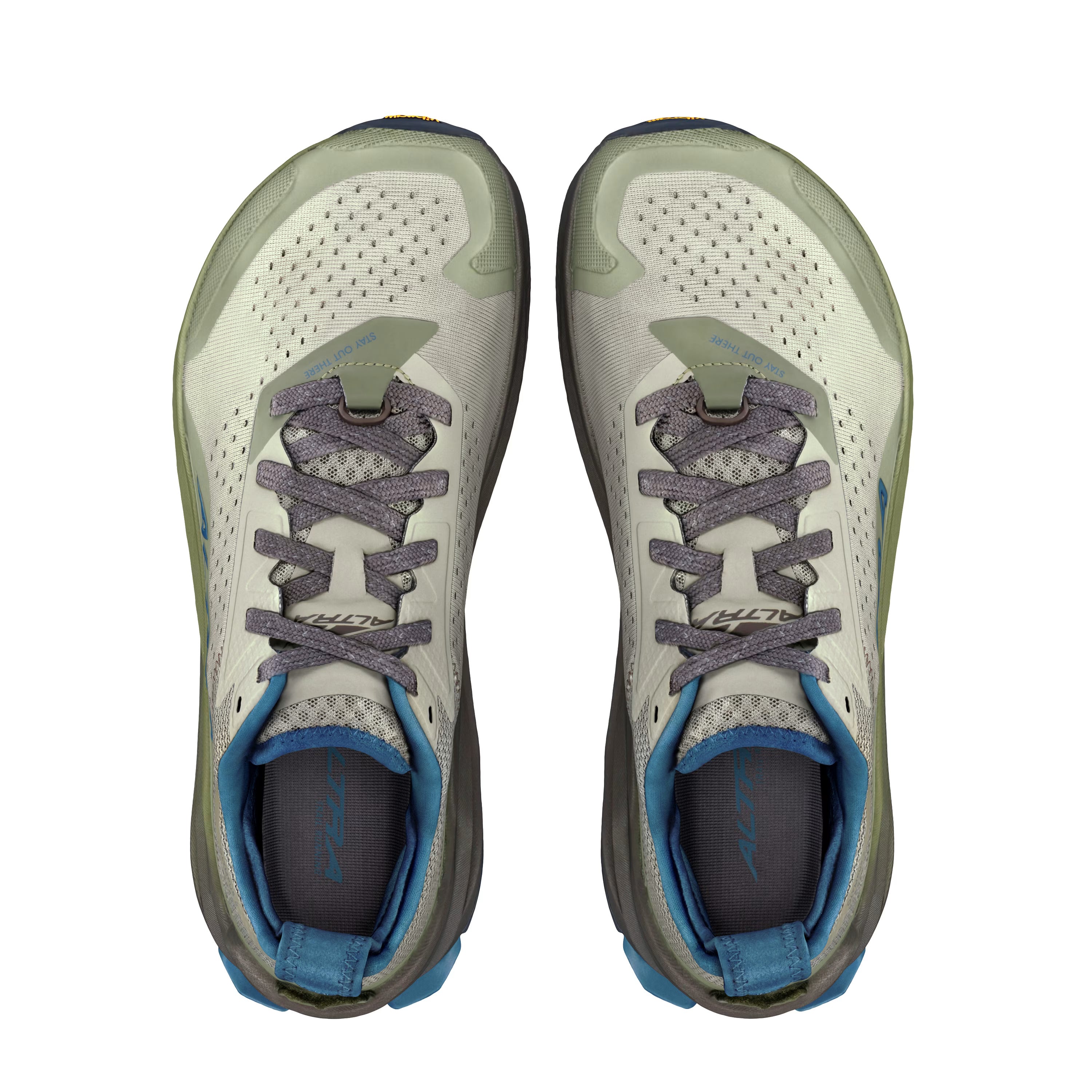 Olympus 6 - Men by Altra Footwear in beige and blue, plush trail runner with max cushioning, durable, roomy toe box for all-day comfort and trail use