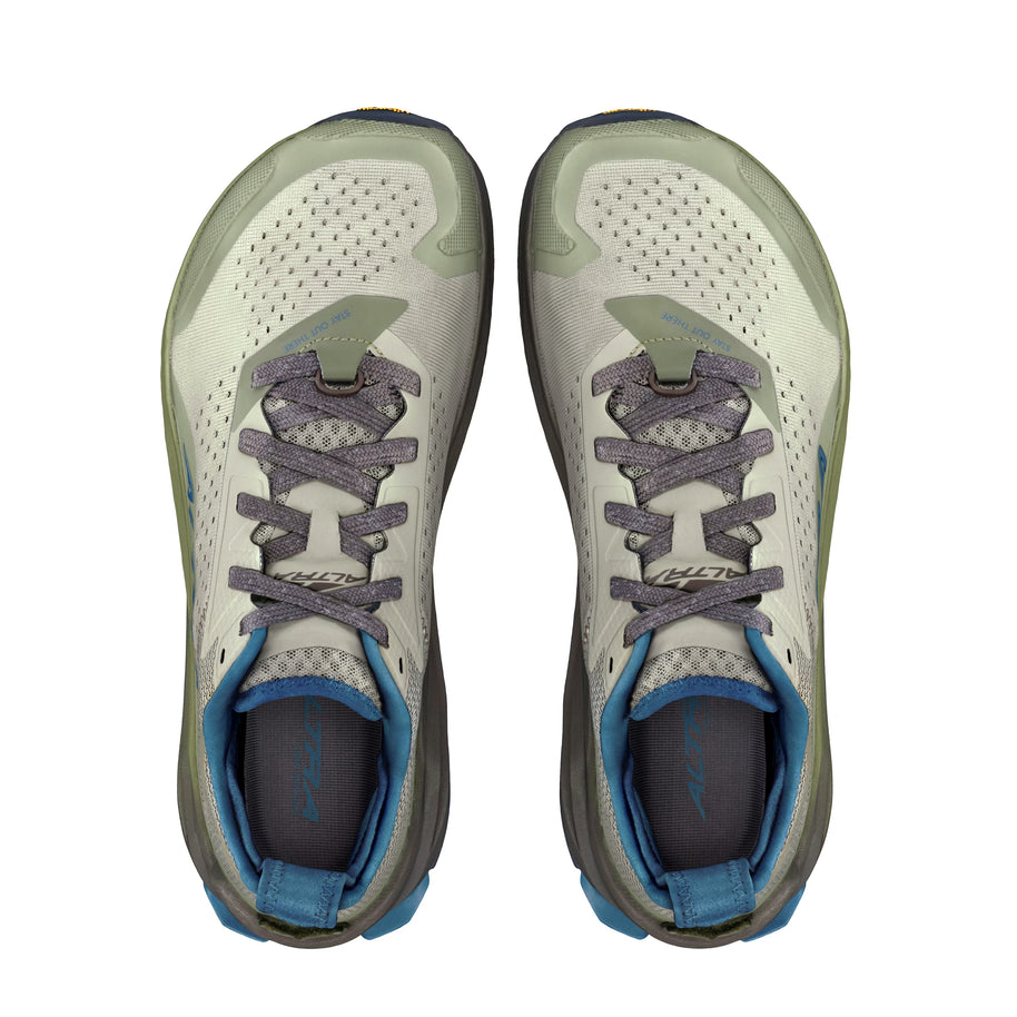 Olympus 6 - Men by Altra Footwear in beige and blue, plush trail runner with max cushioning, durable, roomy toe box for all-day comfort and trail use