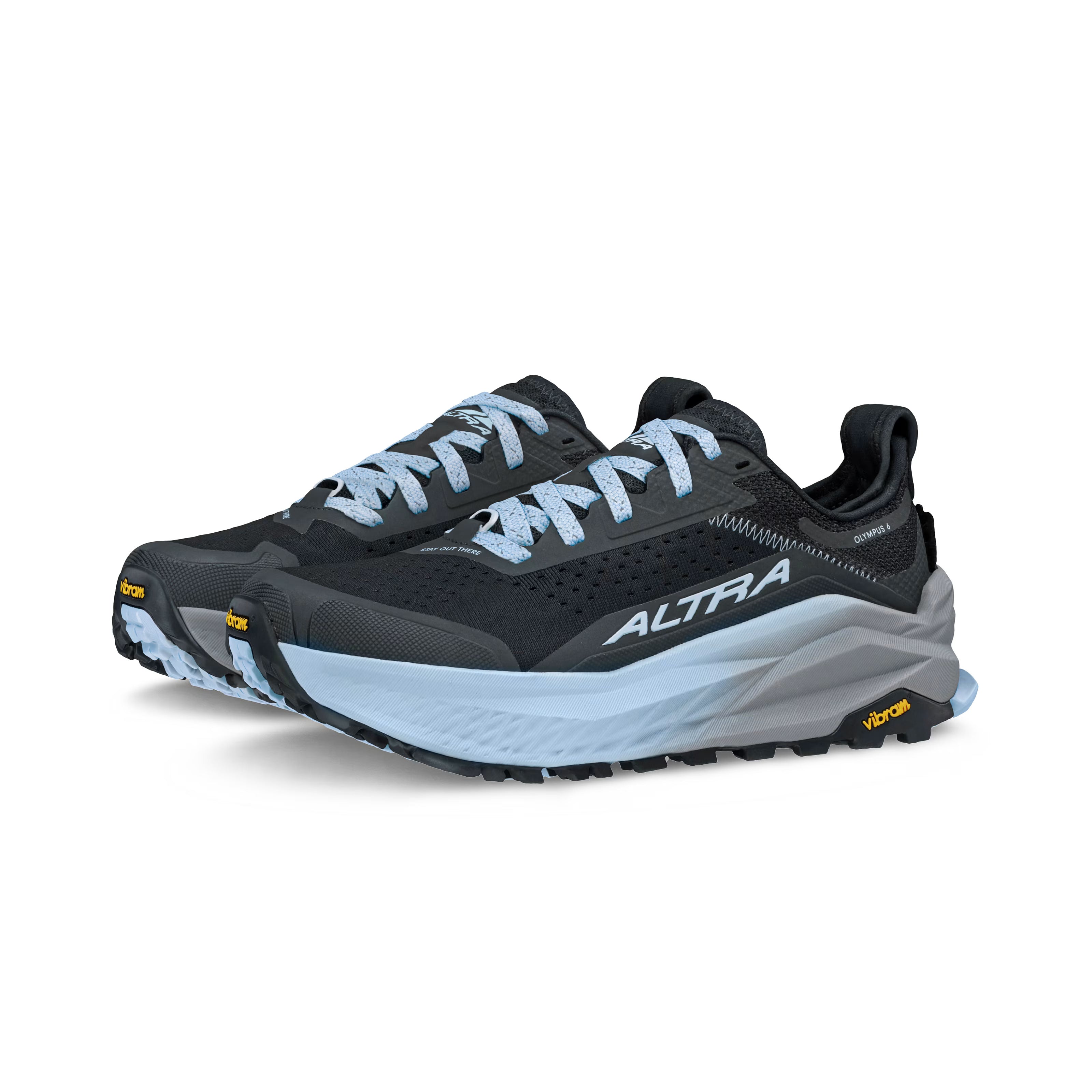 Olympus 6 - Women by Altra Footwear in black and light blue, max-cushioned trail runner with durable grip and roomy toe box for all-day comfort