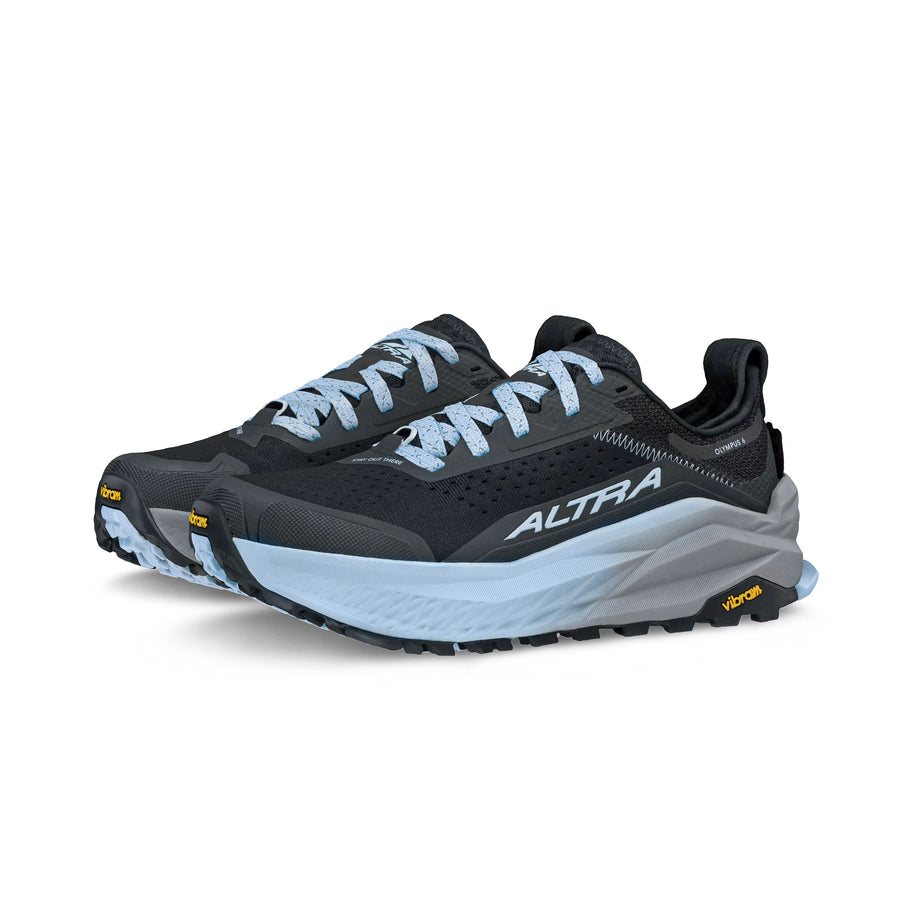 Olympus 6 - Women by Altra Footwear in black and light blue, max-cushioned trail runner with durable grip and roomy toe box for all-day comfort