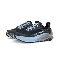 Olympus 6 - Women by Altra Footwear in black and light blue, max-cushioned trail runner with durable grip and roomy toe box for all-day comfort